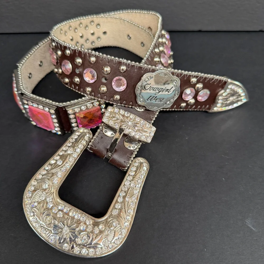 Cowgirl West Pink Rhinestone Studded Leather Belt Western Brown Silver Size 36
